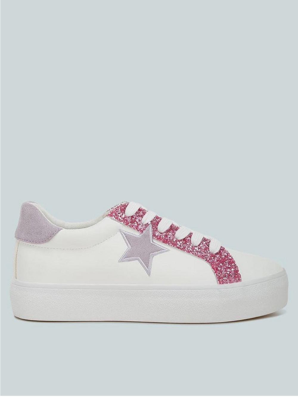 Women’s White Sneakers with Pink Glitter Trim and Lavender Star - Picture 1 of 4